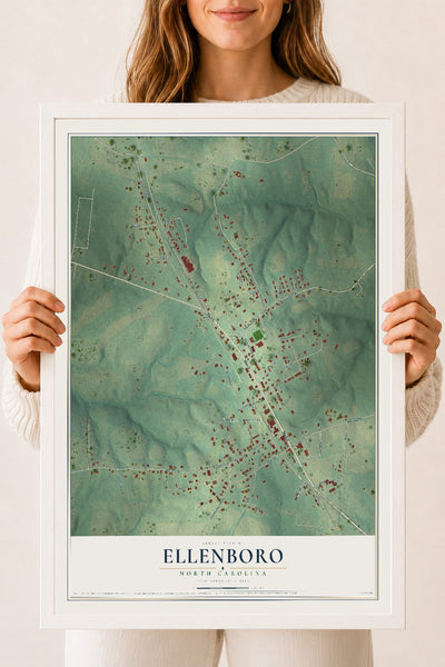 Map of Ellenboro, North Carolina, 18 x 24 inch print in a white wood frame