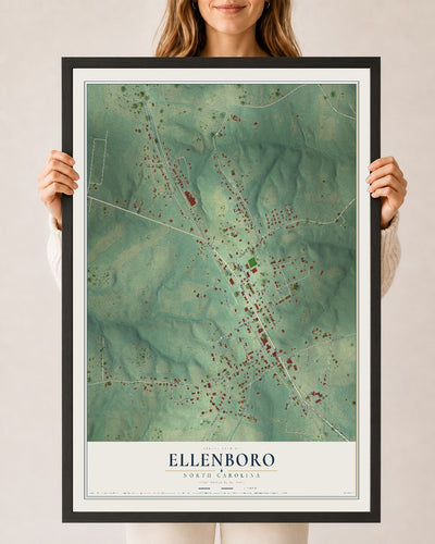 Map of Ellenboro, North Carolina, 24 x 36 inch print in a black wood frame