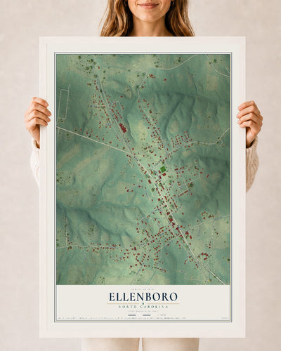 Map of Ellenboro, North Carolina, 24 x 36 inch print in a white wood frame