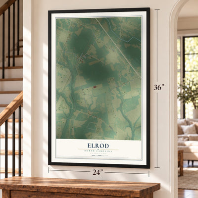 Elrod, North Carolina map, 24 x 36 inch print in a black frame by a staircase