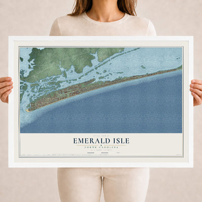 Map of Emerald Isle, North Carolina, 18 x 24 inch print in a white wood frame