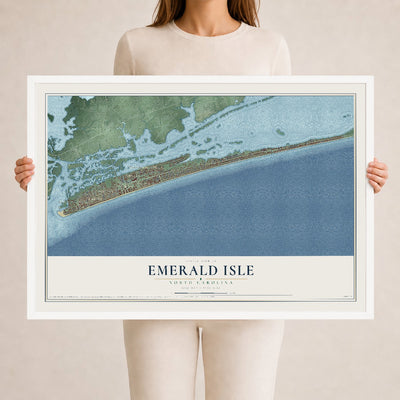 Map of Emerald Isle, North Carolina, 24 x 36 inch print in a white wood frame