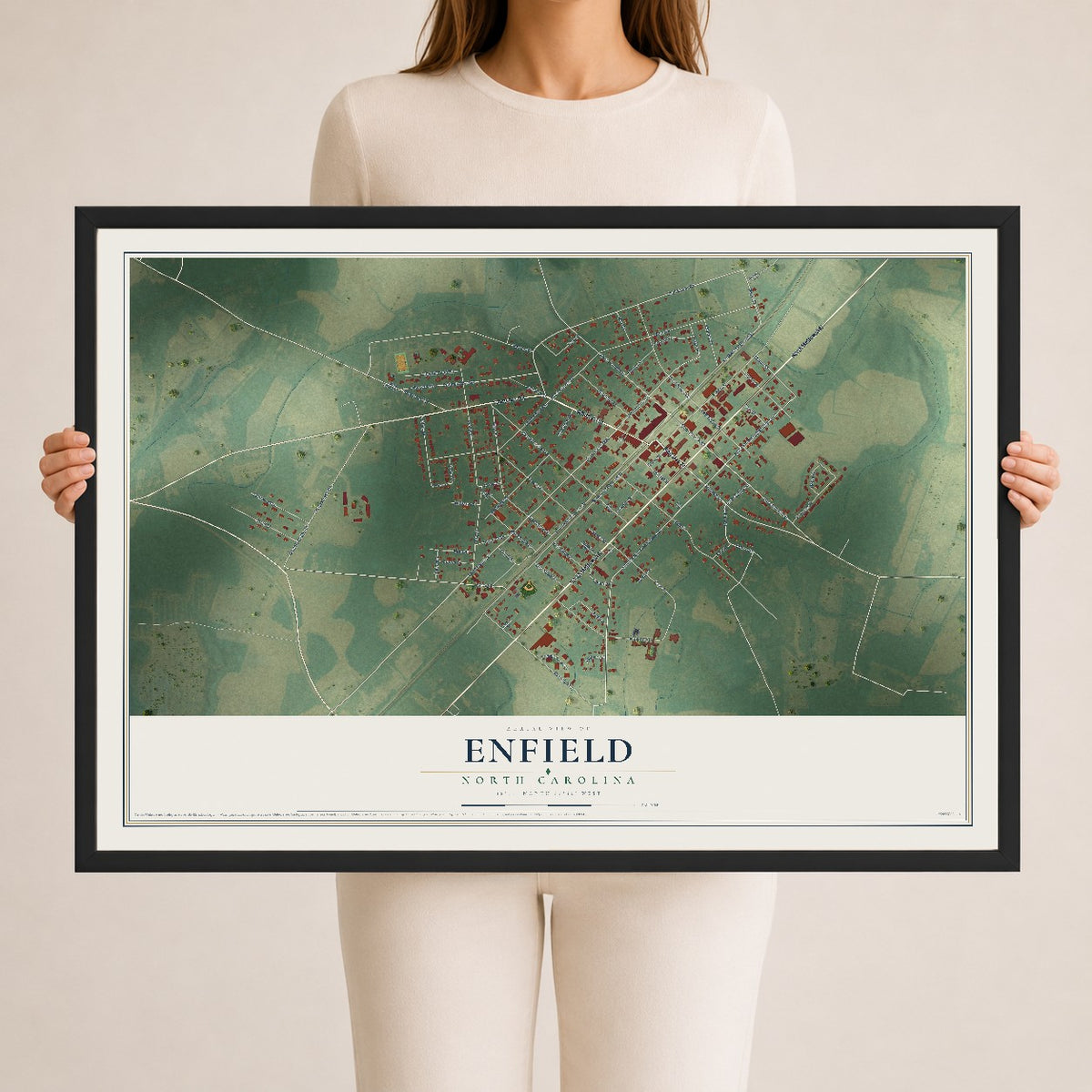 Map of Enfield, North Carolina, 24 x 36 inch print in a black wood frame