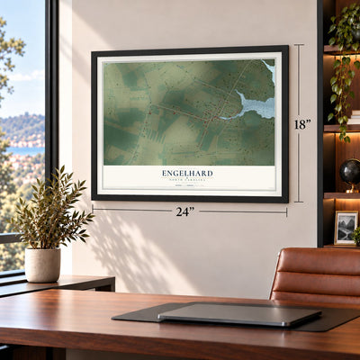 Engelhard, North Carolina map, 18 x 24 inch print in a black frame in a home office