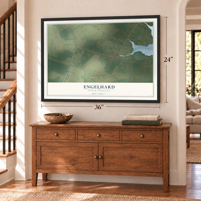 Engelhard, North Carolina map, 24 x 36 inch print in a black frame above a dresser by a staircase