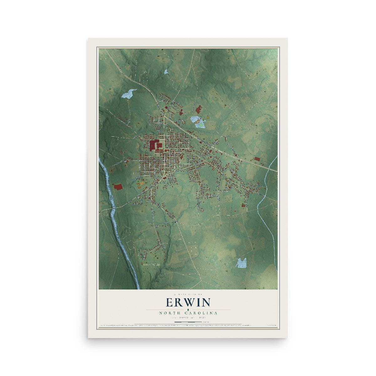 Map of Erwin, North Carolina, 12 x 18 inch unframed archival matte print