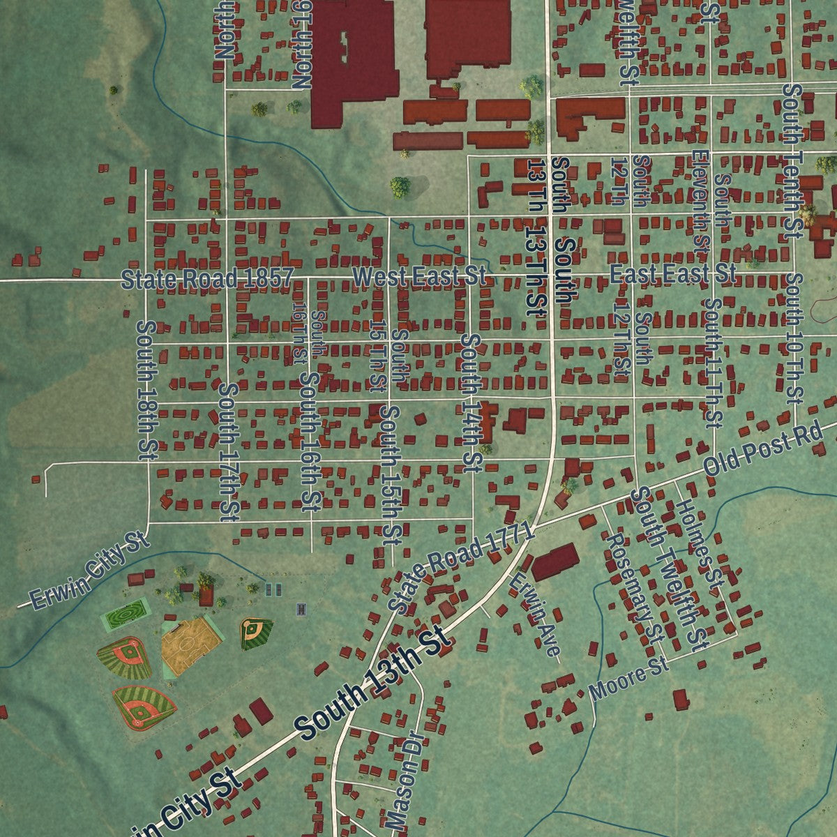 Close-up of the map of Erwin, North Carolina print showing street and building detail