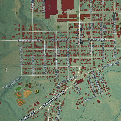 Close-up of the map of Erwin, North Carolina print showing street and building detail