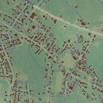 Second close-up of the map of Erwin, North Carolina print showing more streets and buildings