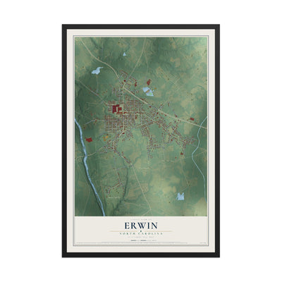Map of Erwin, North Carolina, 12 x 18 inch print in a black wood frame