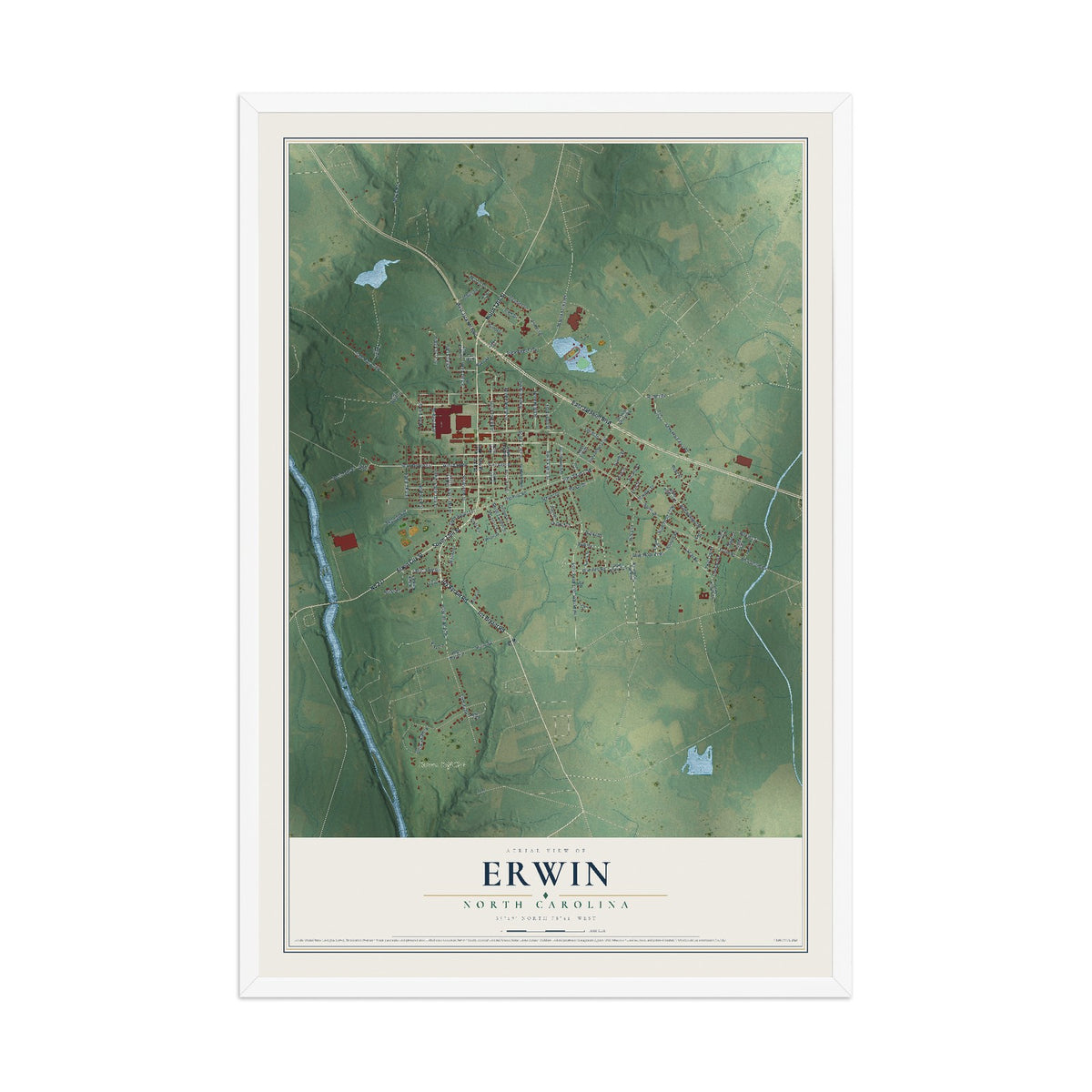 Map of Erwin, North Carolina, 12 x 18 inch print in a white wood frame