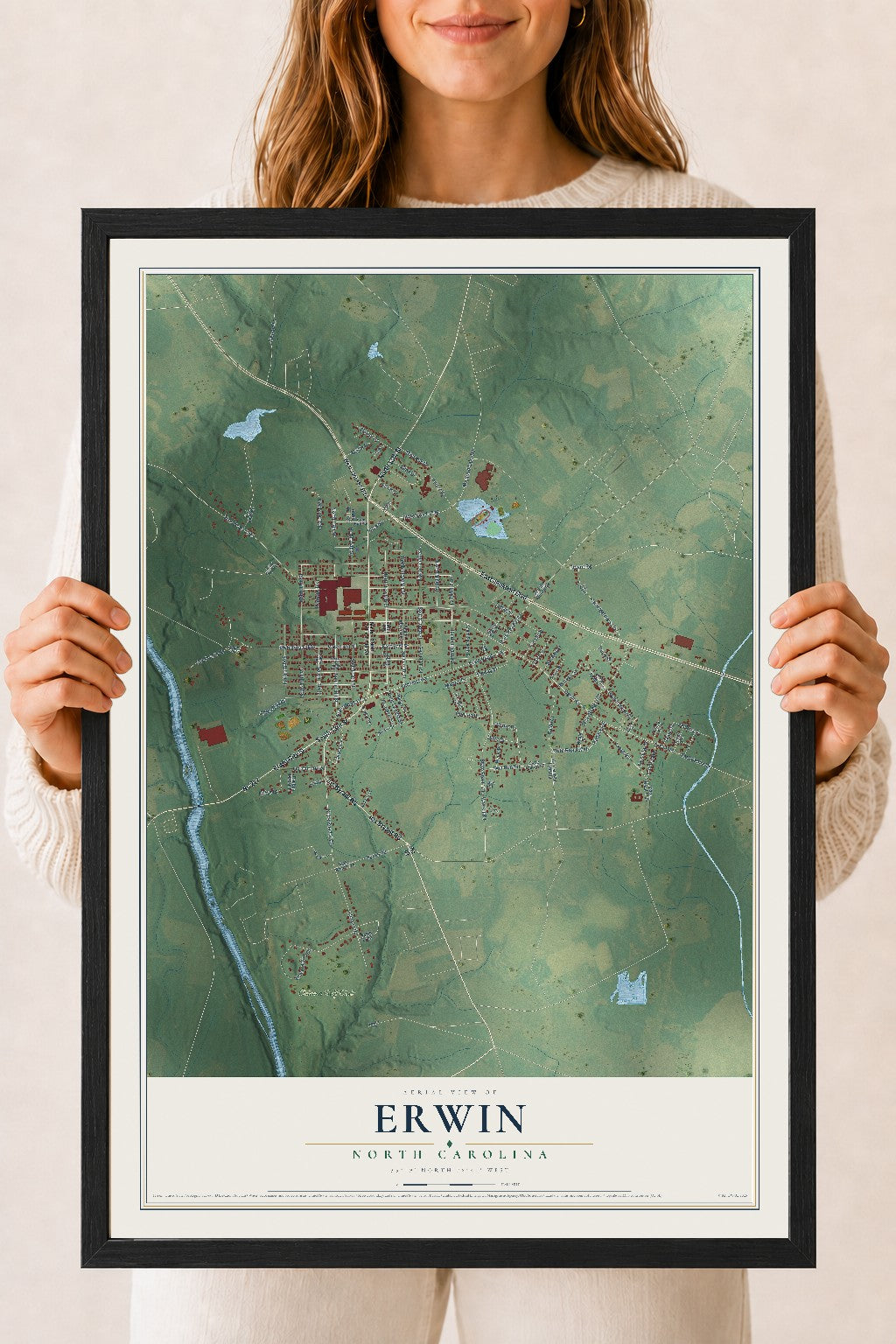 Map of Erwin, North Carolina, 18 x 24 inch print in a black wood frame