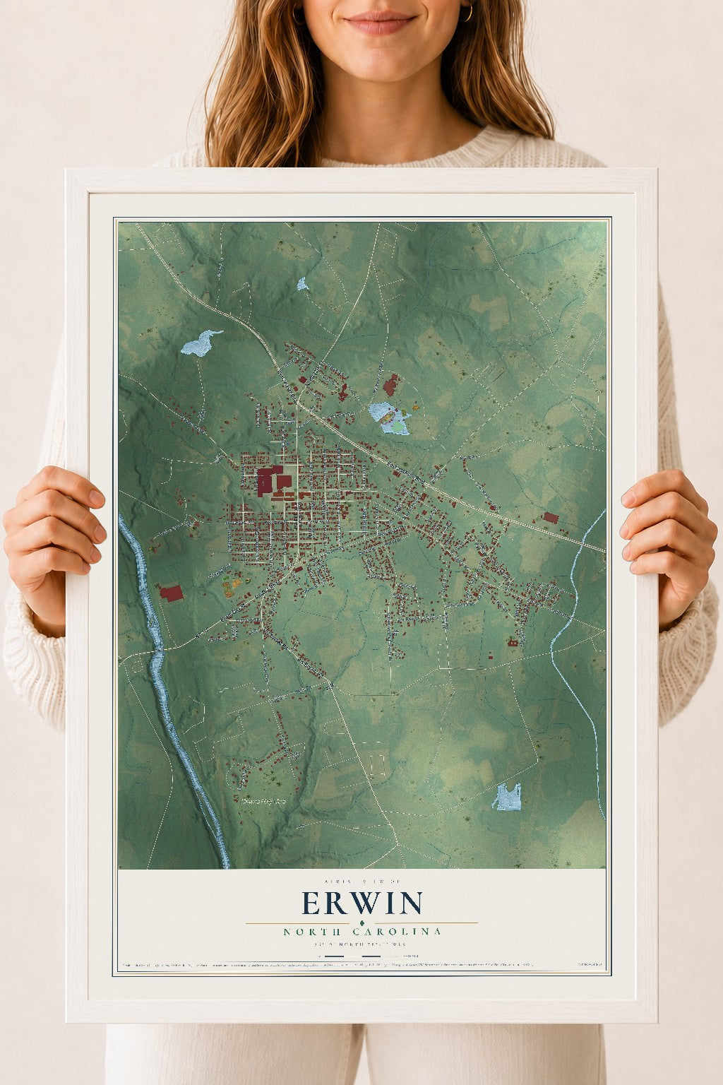 Map of Erwin, North Carolina, 18 x 24 inch print in a white wood frame