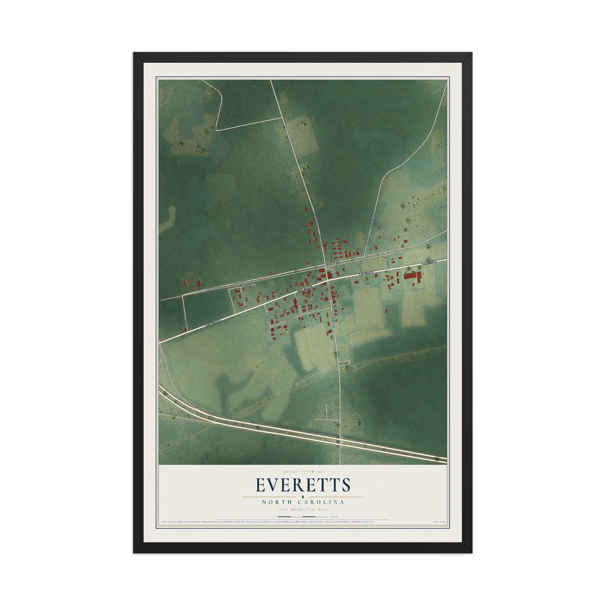Map of Everetts, North Carolina, 12 x 18 inch print in a black wood frame