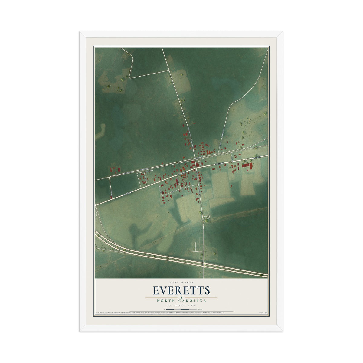 Map of Everetts, North Carolina, 12 x 18 inch print in a white wood frame