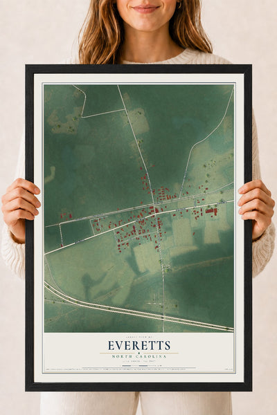 Map of Everetts, North Carolina, 18 x 24 inch print in a black wood frame