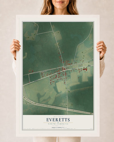 Map of Everetts, North Carolina, 24 x 36 inch print in a white wood frame