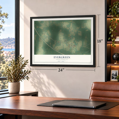 Evergreen, North Carolina map, 18 x 24 inch print in a black frame in a home office