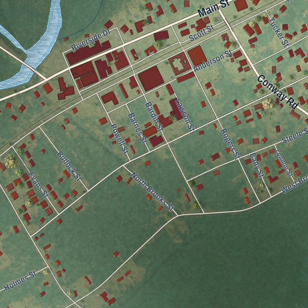 Close-up of the map of Fair Bluff, North Carolina print showing street and building detail