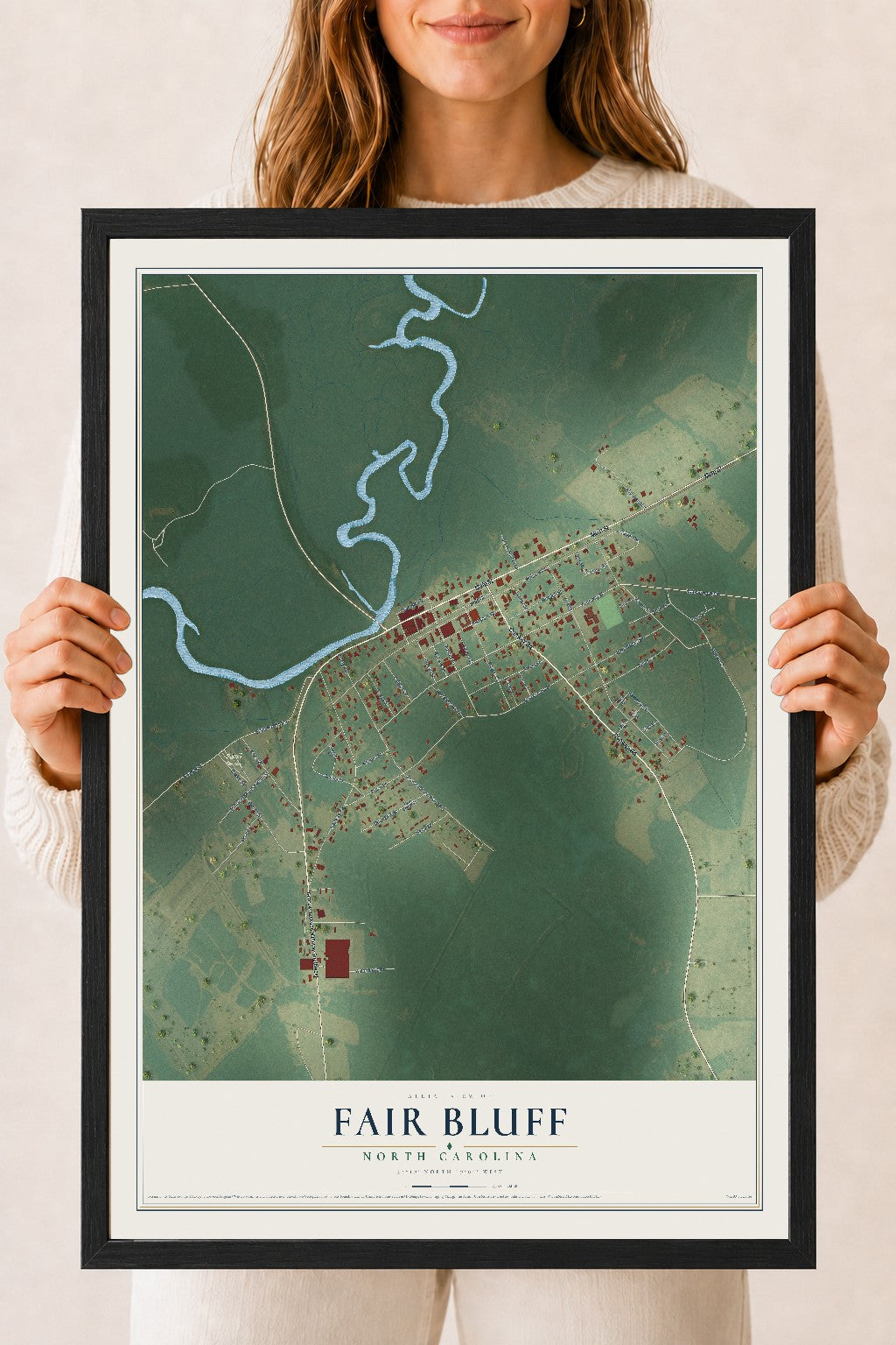 Map of Fair Bluff, North Carolina, 18 x 24 inch print in a black wood frame