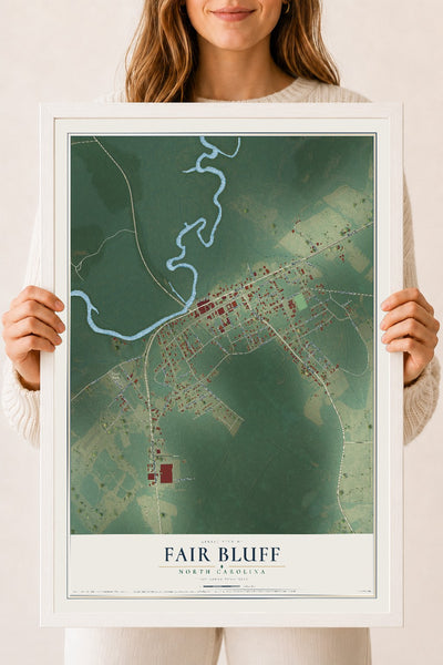 Map of Fair Bluff, North Carolina, 18 x 24 inch print in a white wood frame