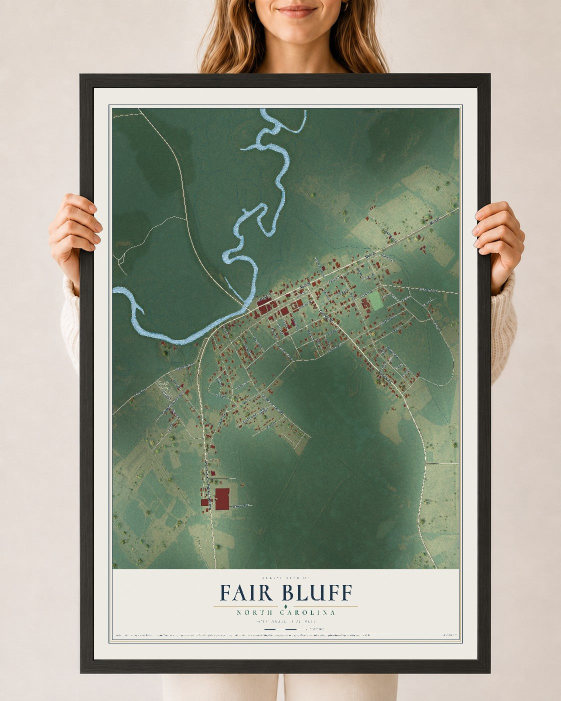 Map of Fair Bluff, North Carolina, 24 x 36 inch print in a black wood frame