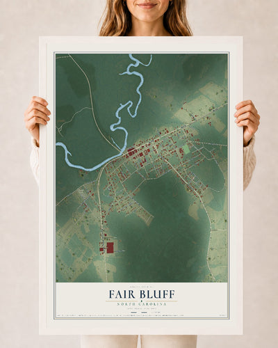 Map of Fair Bluff, North Carolina, 24 x 36 inch print in a white wood frame