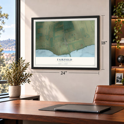 Fairfield, North Carolina map, 18 x 24 inch print in a black frame in a home office