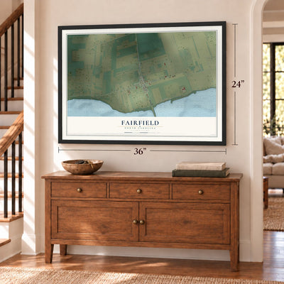 Fairfield, North Carolina map, 24 x 36 inch print in a black frame above a dresser by a staircase