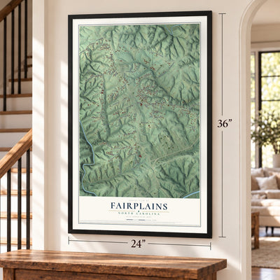 Fairplains, North Carolina map, 24 x 36 inch print in a black frame by a staircase