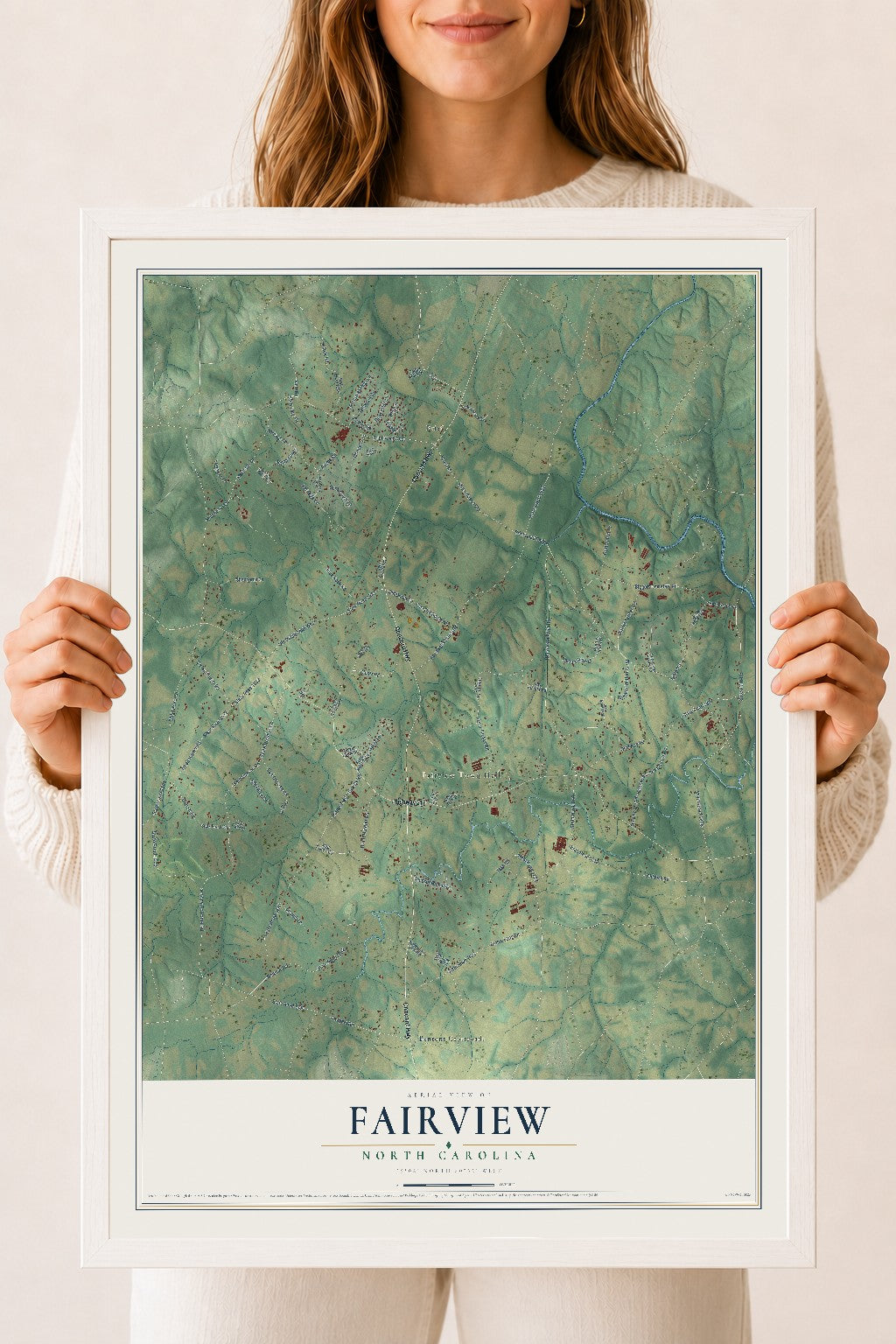 Map of Fairview, North Carolina, 18 x 24 inch print in a white wood frame