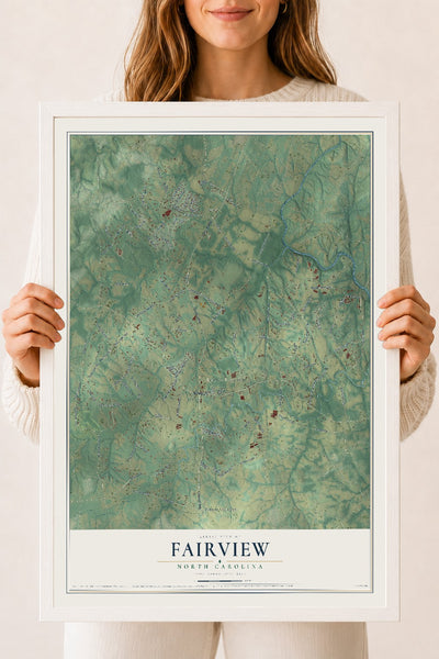 Map of Fairview, North Carolina, 18 x 24 inch print in a white wood frame