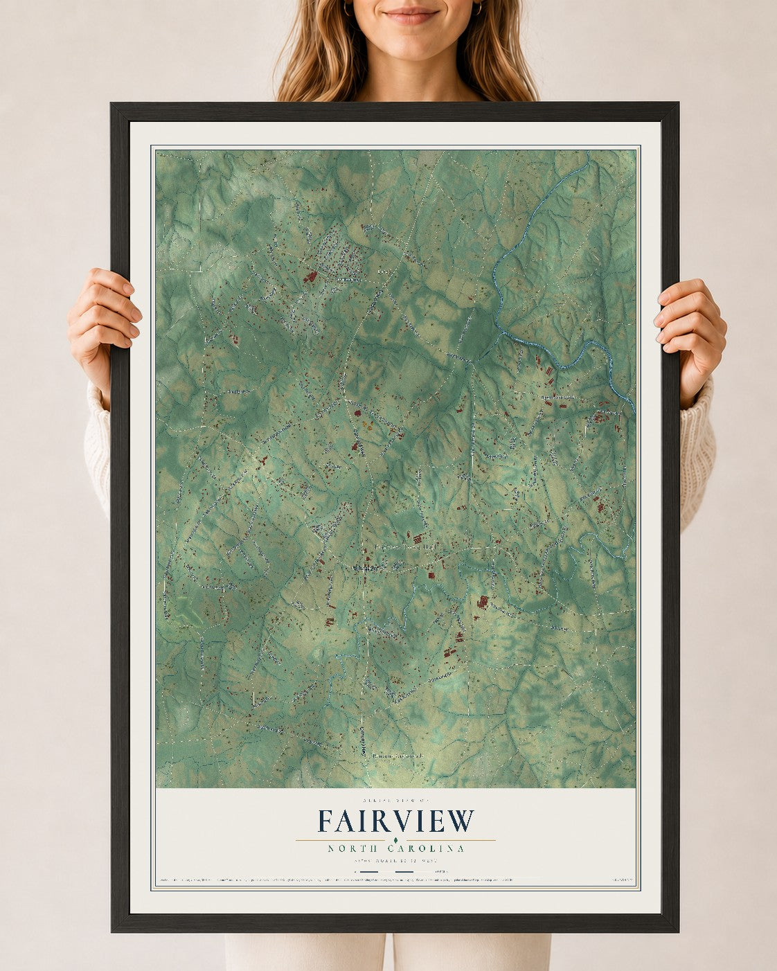 Map of Fairview, North Carolina, 24 x 36 inch print in a black wood frame