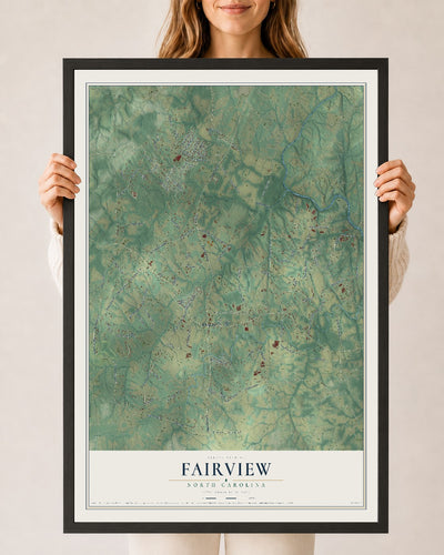Map of Fairview, North Carolina, 24 x 36 inch print in a black wood frame