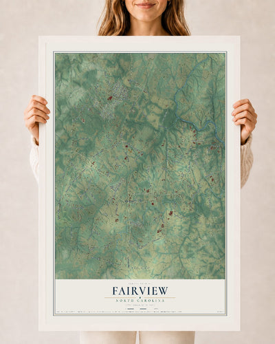 Map of Fairview, North Carolina, 24 x 36 inch print in a white wood frame