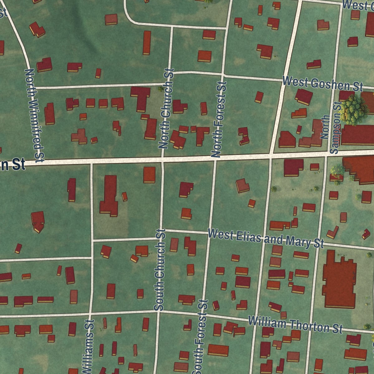 Close-up of the map of Faison, North Carolina print showing street and building detail