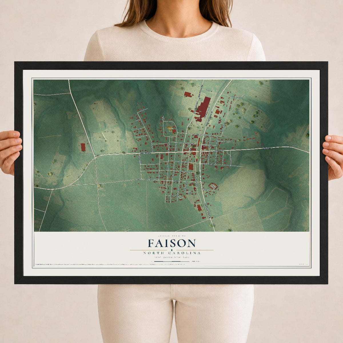 Map of Faison, North Carolina, 18 x 24 inch print in a black wood frame