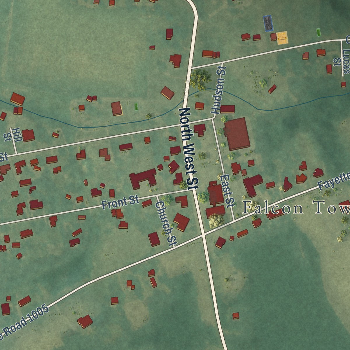 Close-up of the map of Falcon, North Carolina print showing street and building detail