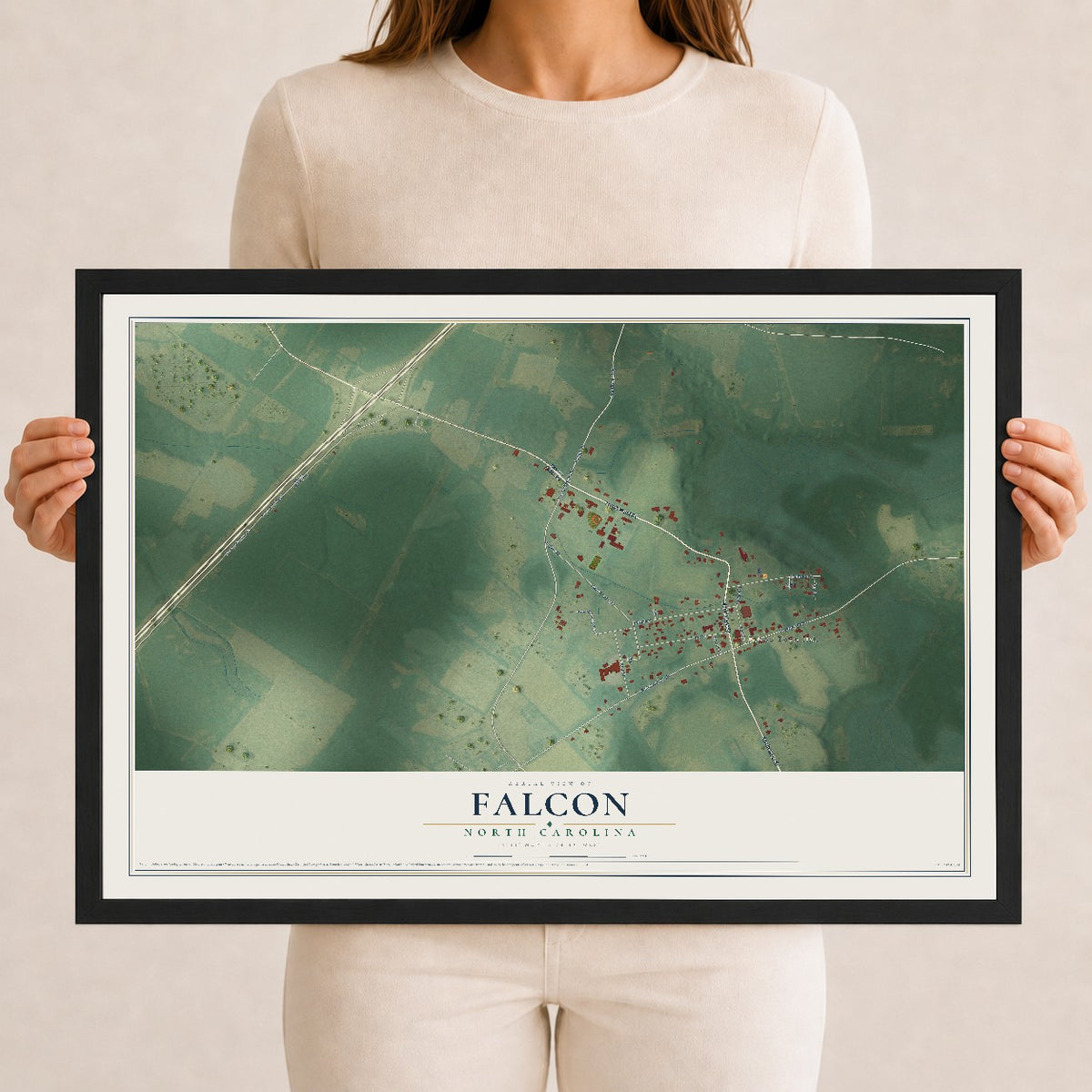Map of Falcon, North Carolina, 12 x 18 inch print in a black wood frame