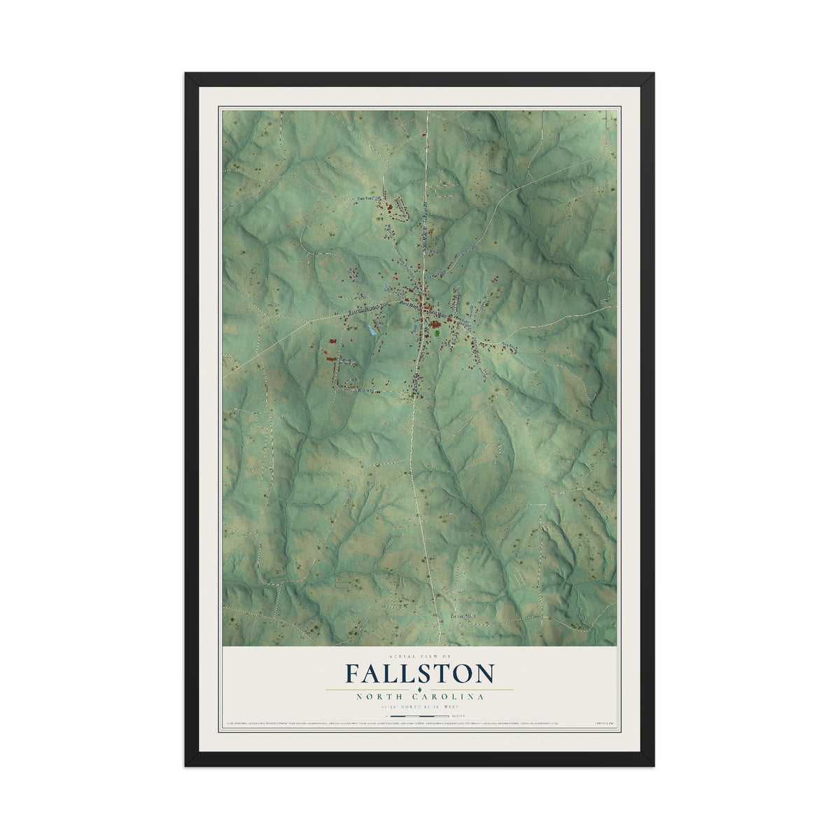 Map of Fallston, North Carolina, 12 x 18 inch print in a black wood frame