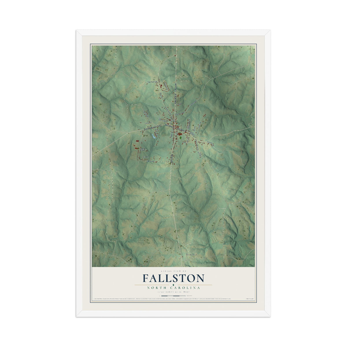 Map of Fallston, North Carolina, 12 x 18 inch print in a white wood frame