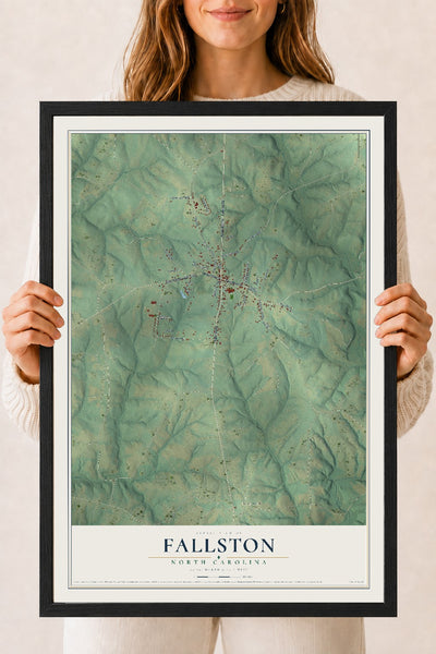 Map of Fallston, North Carolina, 18 x 24 inch print in a black wood frame