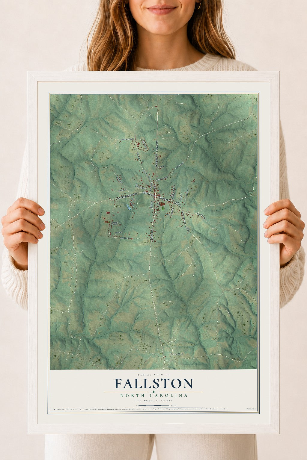 Map of Fallston, North Carolina, 18 x 24 inch print in a white wood frame