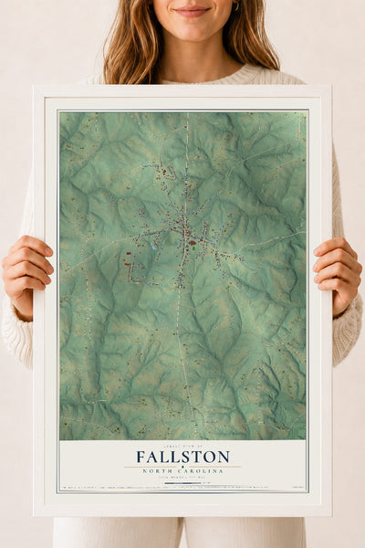 Map of Fallston, North Carolina, 18 x 24 inch print in a white wood frame
