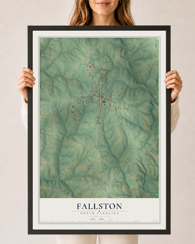 Map of Fallston, North Carolina, 24 x 36 inch print in a black wood frame