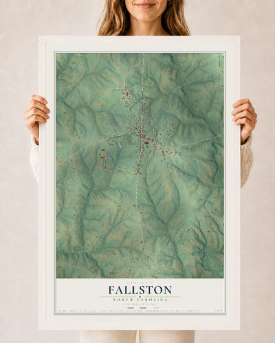 Map of Fallston, North Carolina, 24 x 36 inch print in a white wood frame