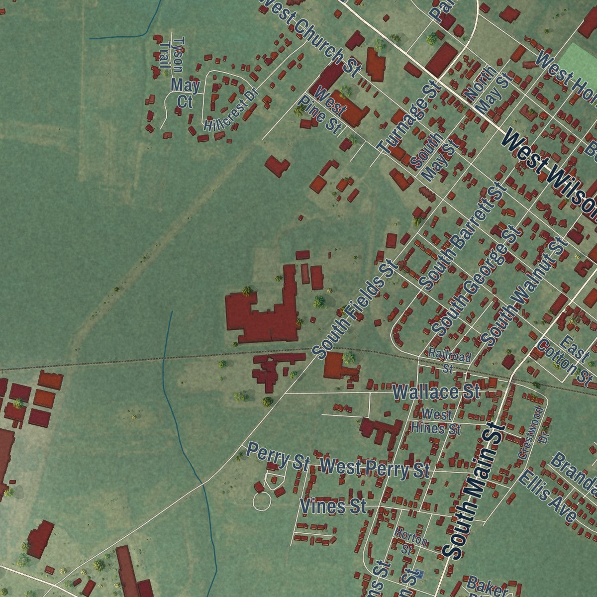 Close-up of the map of Farmville, North Carolina print showing street and building detail