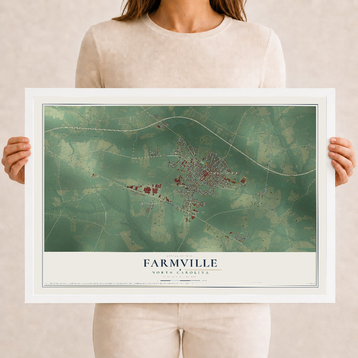 Map of Farmville, North Carolina, 12 x 18 inch print in a white wood frame
