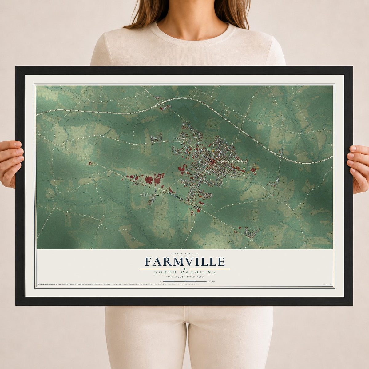 Map of Farmville, North Carolina, 18 x 24 inch print in a black wood frame