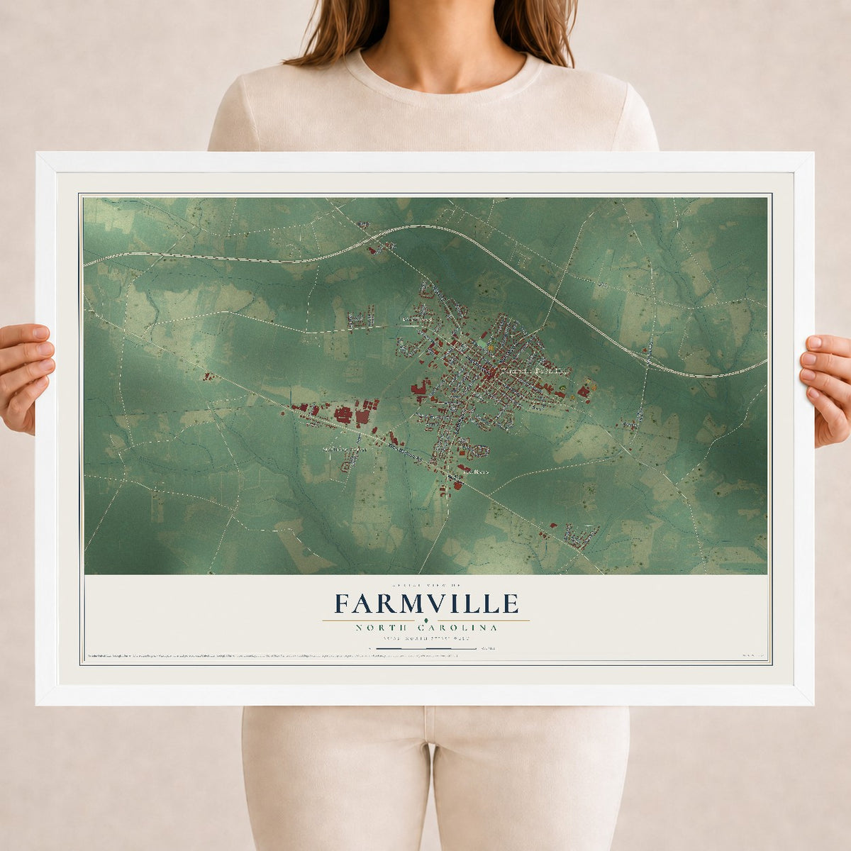 Map of Farmville, North Carolina, 18 x 24 inch print in a white wood frame